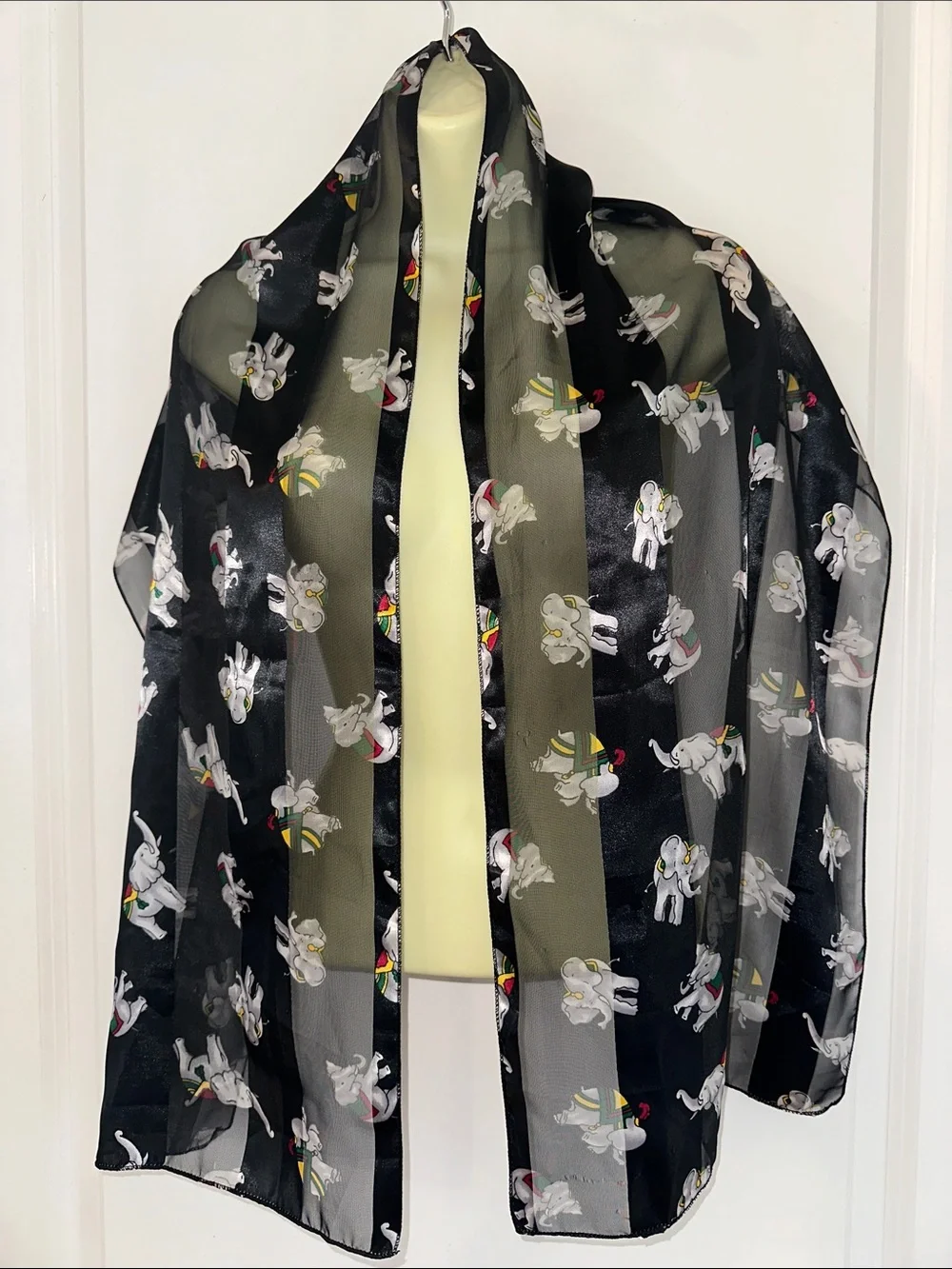Fun Vintage Circus‎ Elephant Print Black Semi Sheer Polyester Scarf